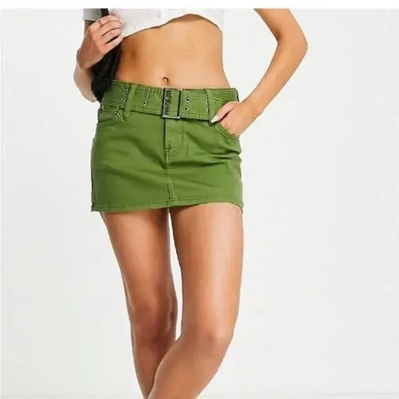 Bershka Micro 90s Buckle Detail Low Rise Ultra Mini Skirt In Khaki Green Size 6 - Picture 3 of 13